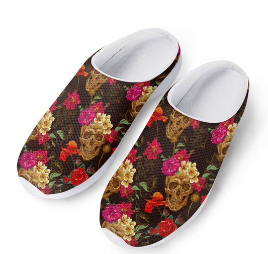 Vintage Flowers Skull Pattern Print Mesh Casual Shoes