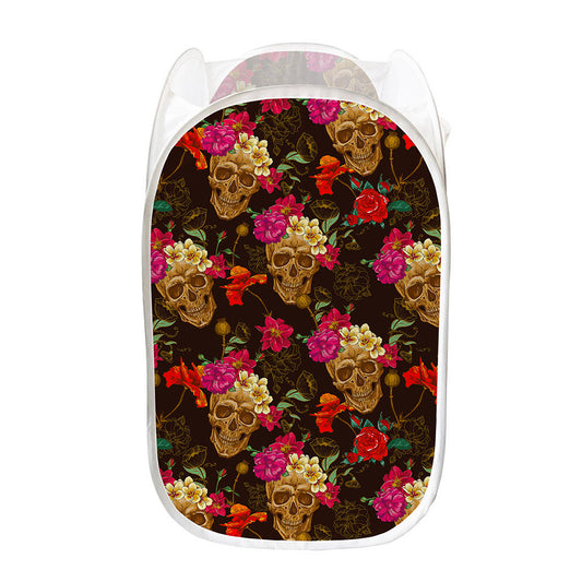 Vintage Flowers Skull Pattern Print Mesh Laundry Hamper