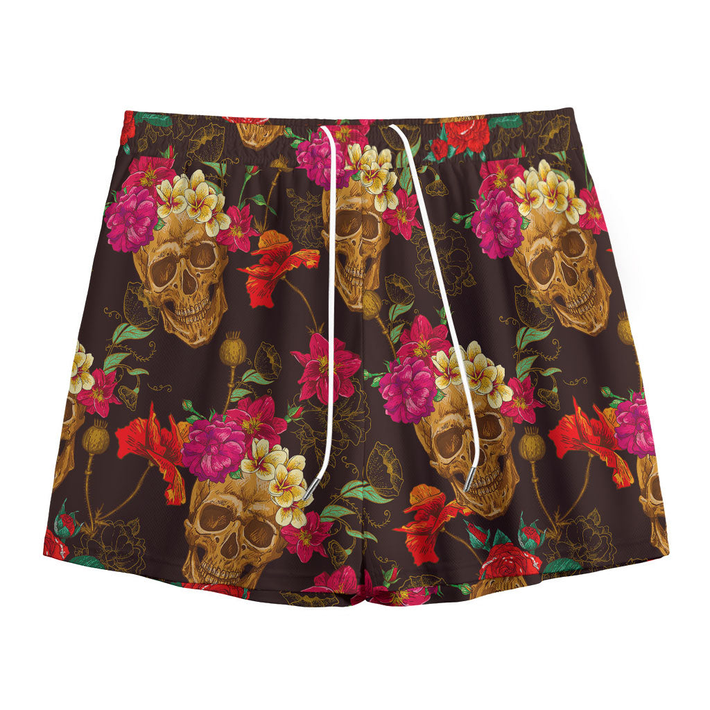 Vintage Flowers Skull Pattern Print Mesh Shorts