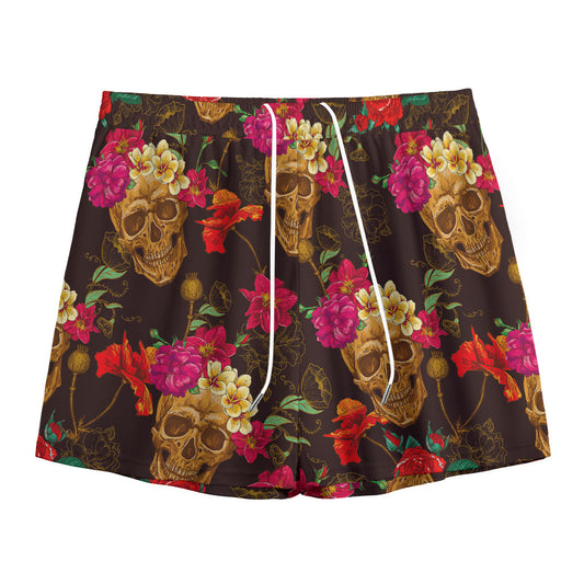 Vintage Flowers Skull Pattern Print Mesh Shorts