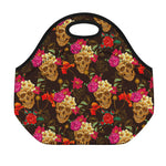 Vintage Flowers Skull Pattern Print Neoprene Lunch Bag