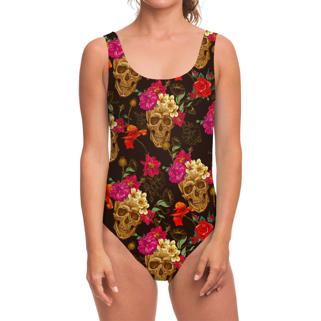 Vintage Flowers Skull Pattern Print One Piece Swimsuit