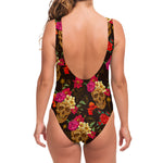 Vintage Flowers Skull Pattern Print One Piece Swimsuit
