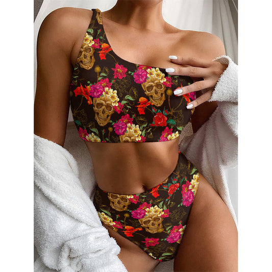 Vintage Flowers Skull Pattern Print One Shoulder Bikini Top