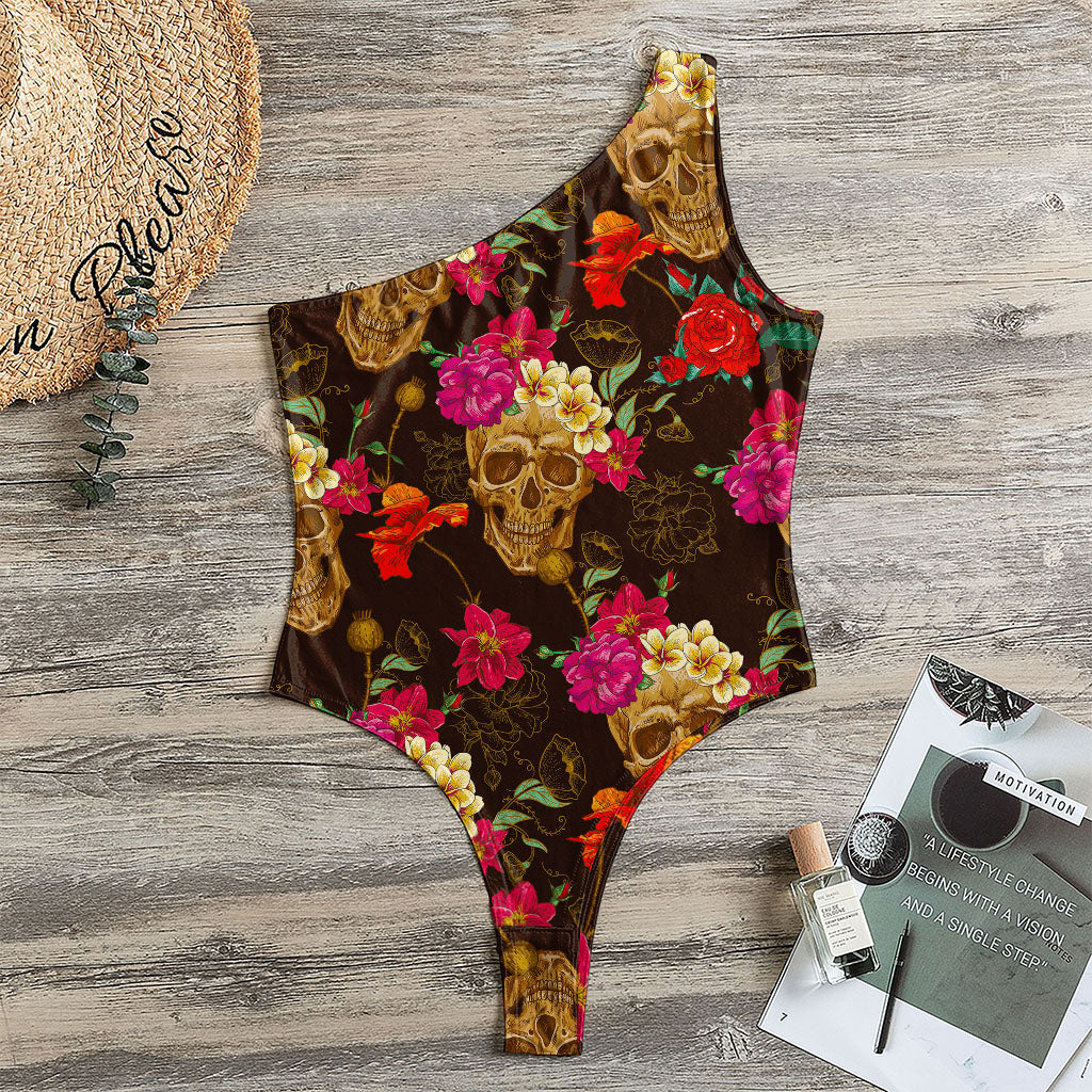 Vintage Flowers Skull Pattern Print One Shoulder Bodysuit