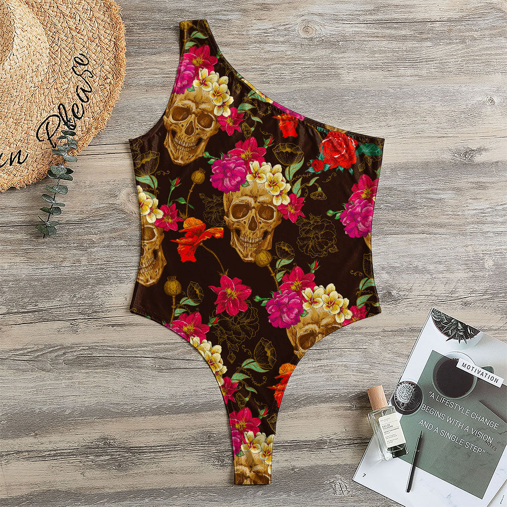Vintage Flowers Skull Pattern Print One Shoulder Bodysuit