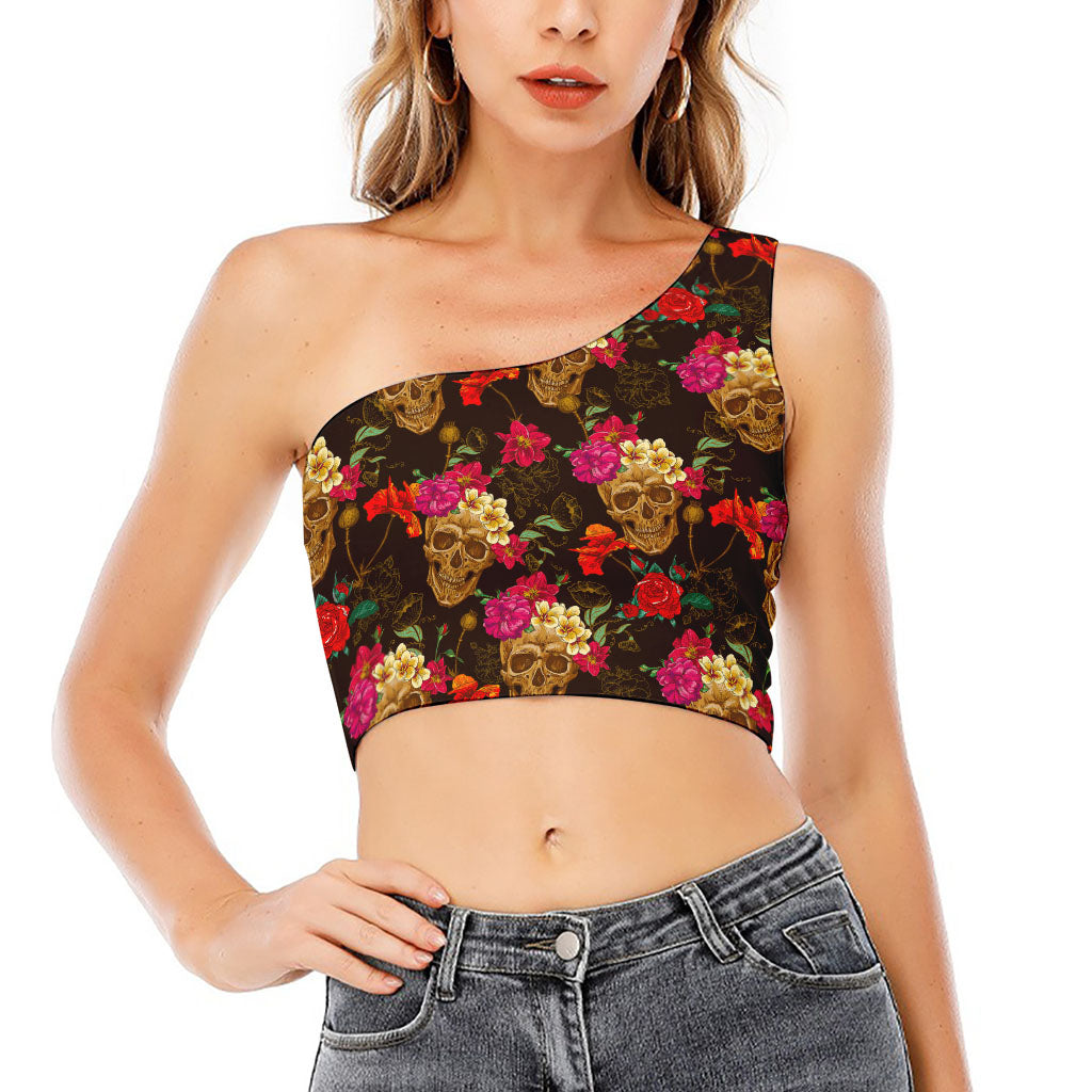 Vintage Flowers Skull Pattern Print One Shoulder Crop Top