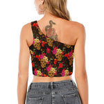Vintage Flowers Skull Pattern Print One Shoulder Crop Top