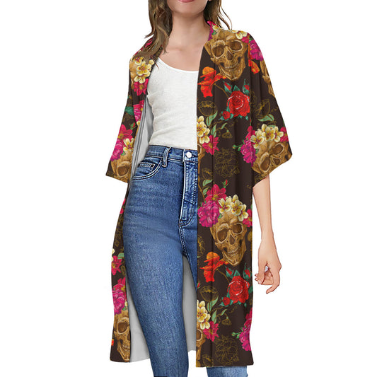 Vintage Flowers Skull Pattern Print Open Front Beach Cover Up