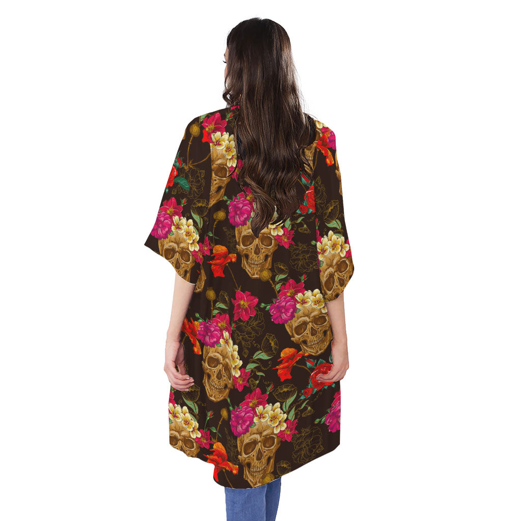 Vintage Flowers Skull Pattern Print Open Front Beach Cover Up