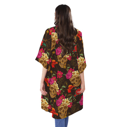 Vintage Flowers Skull Pattern Print Open Front Beach Cover Up