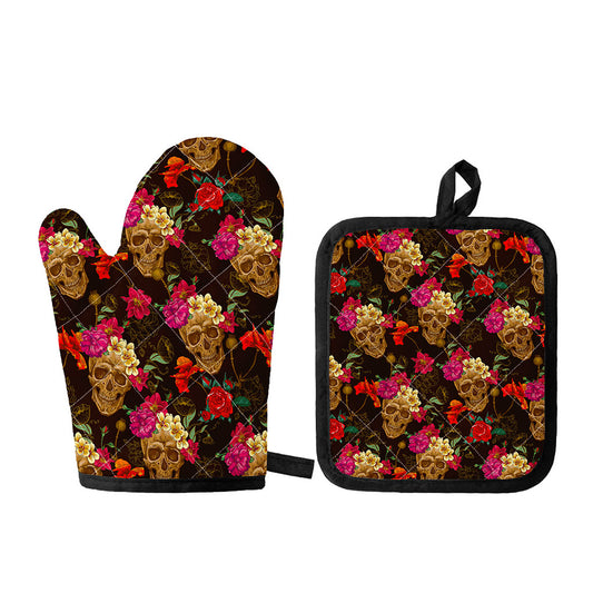 Vintage Flowers Skull Pattern Print Oven Mitt And Pot Holder Set
