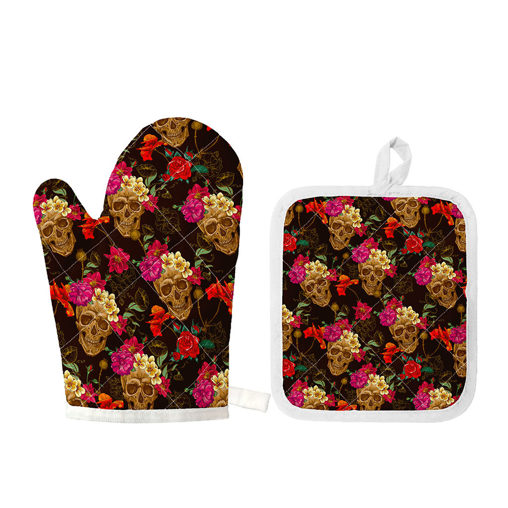 Vintage Flowers Skull Pattern Print Oven Mitt And Pot Holder Set