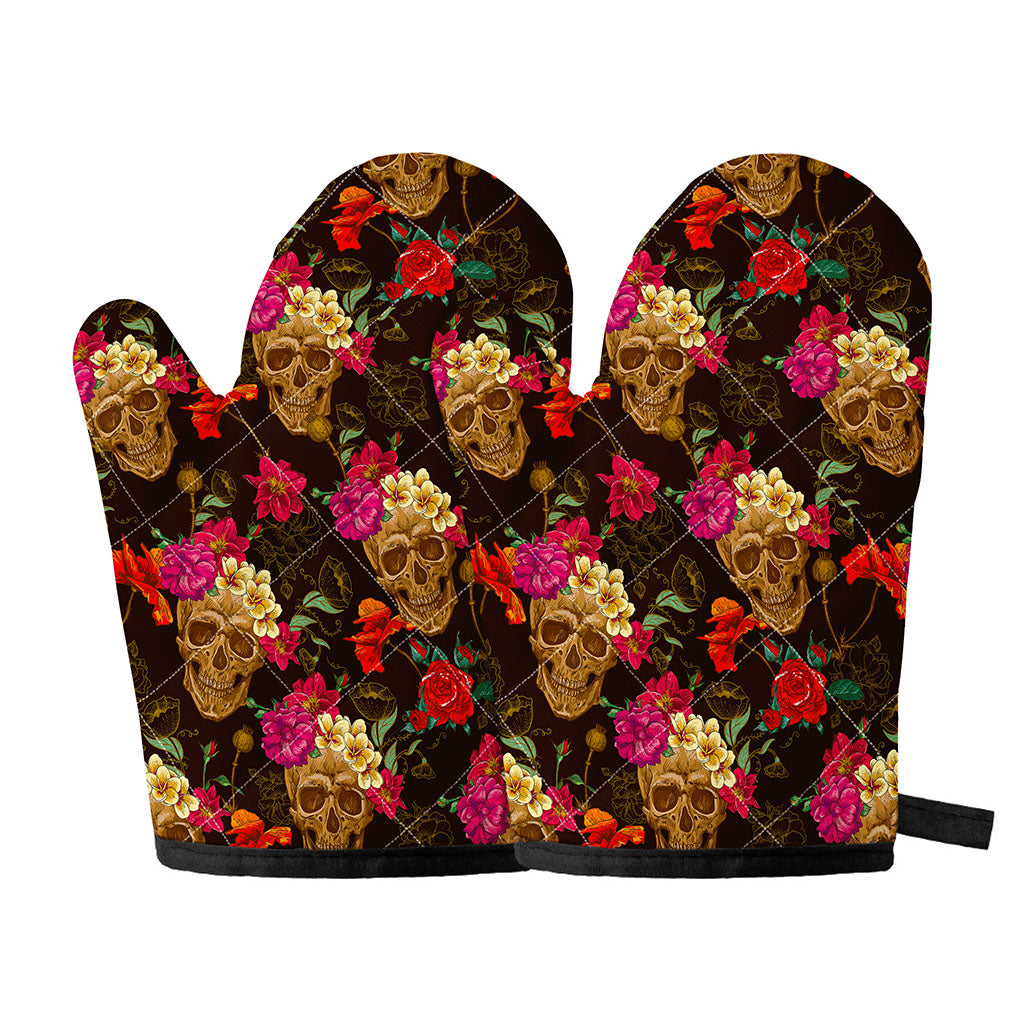 Vintage Flowers Skull Pattern Print Oven Mitts