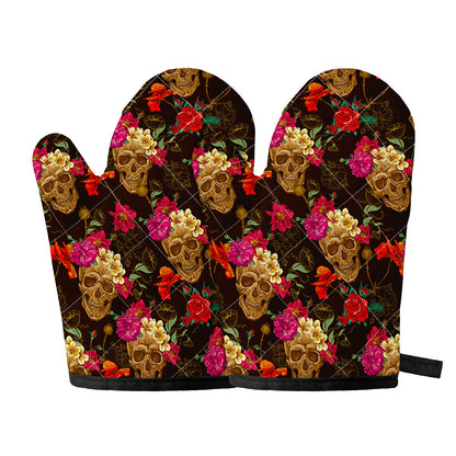 Vintage Flowers Skull Pattern Print Oven Mitts