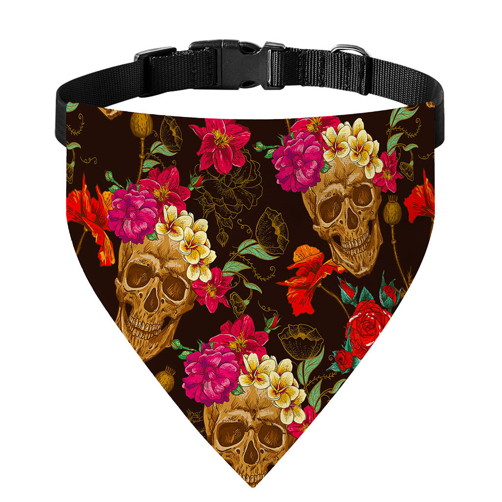 Vintage Flowers Skull Pattern Print Over The Collar Dog Bandana