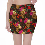 Vintage Flowers Skull Pattern Print Pencil Mini Skirt