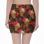 Vintage Flowers Skull Pattern Print Pencil Mini Skirt
