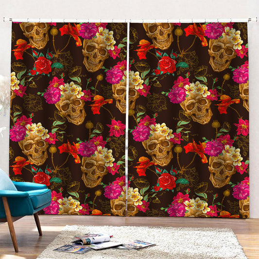 Vintage Flowers Skull Pattern Print Pencil Pleat Curtains