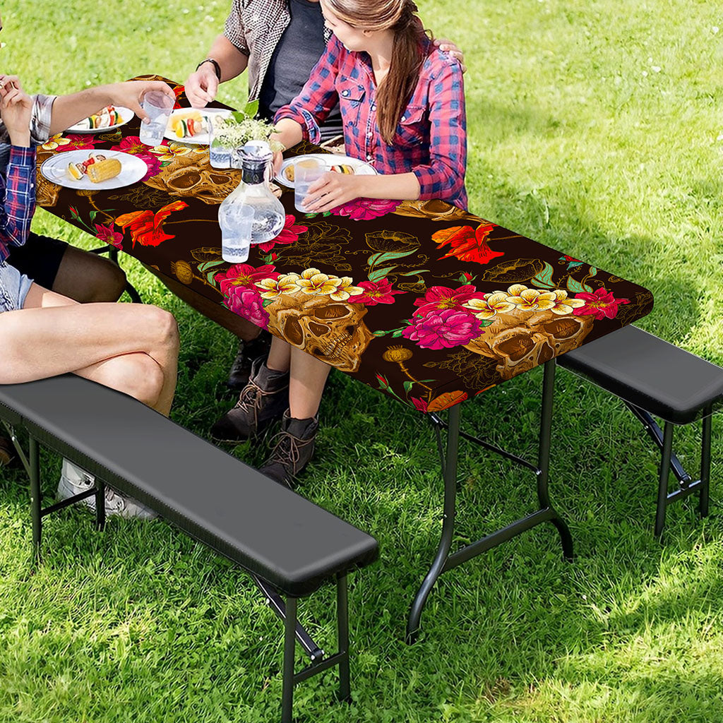 Vintage Flowers Skull Pattern Print Picnic Table Cover