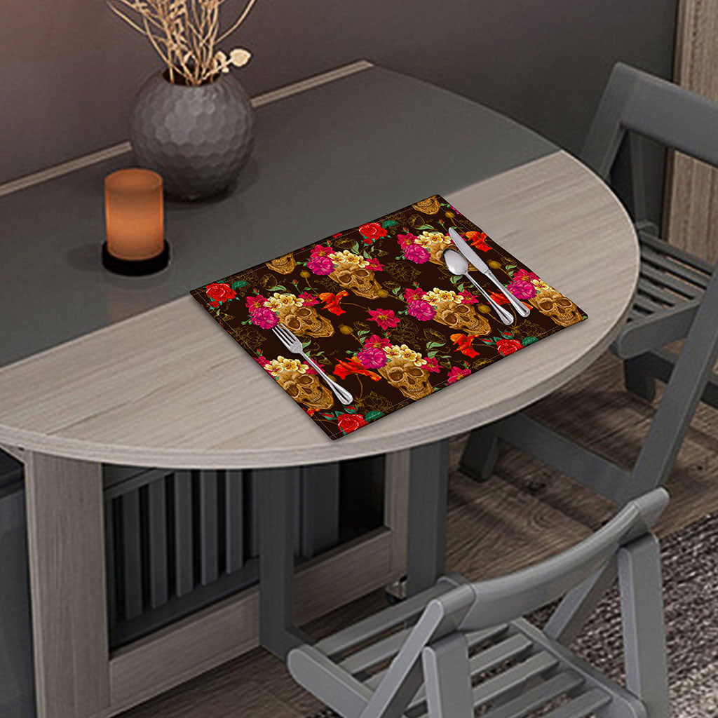 Vintage Flowers Skull Pattern Print Placemat