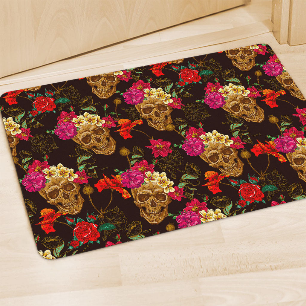 Vintage Flowers Skull Pattern Print Polyester Doormat