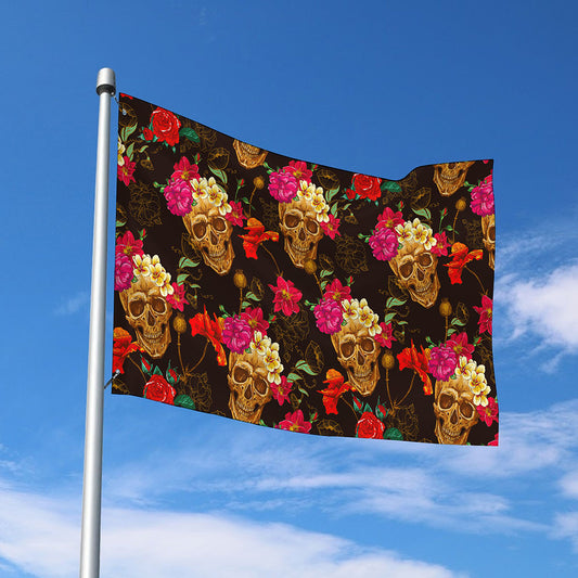 Vintage Flowers Skull Pattern Print Polyester Flag