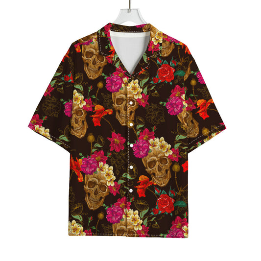 Vintage Flowers Skull Pattern Print Rayon Hawaiian Shirt