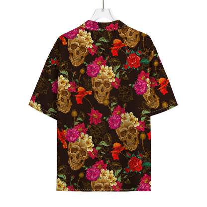 Vintage Flowers Skull Pattern Print Rayon Hawaiian Shirt