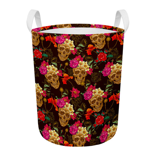 Vintage Flowers Skull Pattern Print Round Laundry Basket
