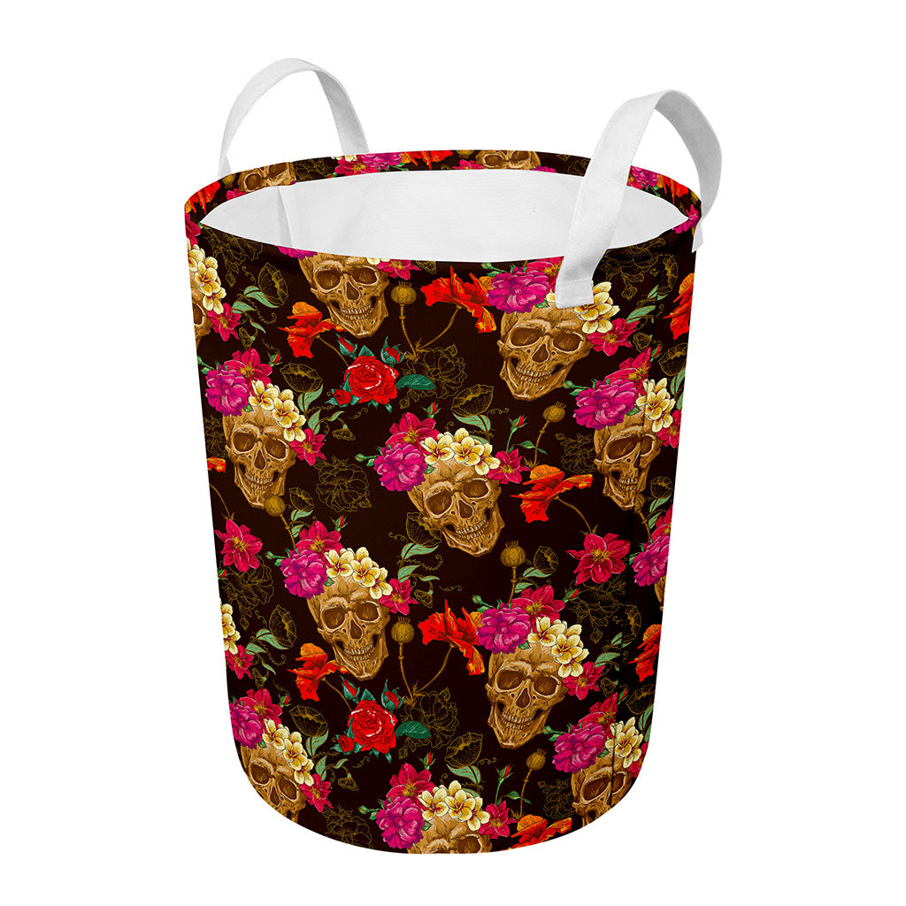 Vintage Flowers Skull Pattern Print Round Laundry Basket