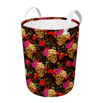 Vintage Flowers Skull Pattern Print Round Laundry Basket