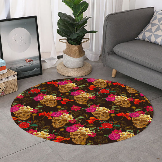 Vintage Flowers Skull Pattern Print Round Rug
