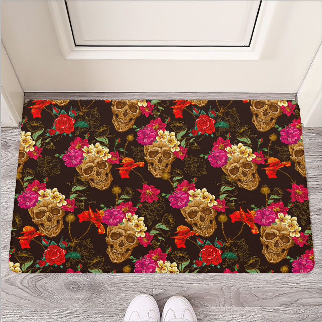 Vintage Flowers Skull Pattern Print Rubber Doormat
