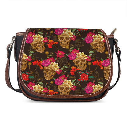 Vintage Flowers Skull Pattern Print Saddle Bag