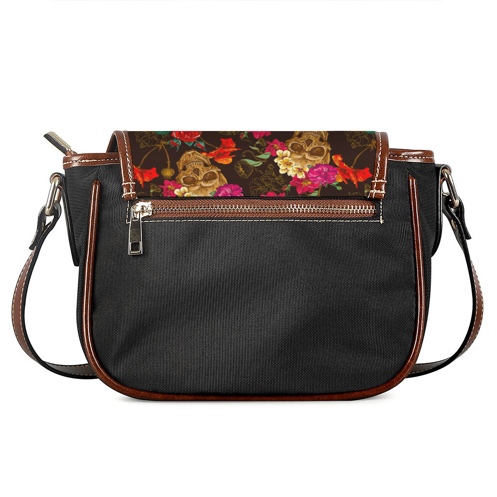 Vintage Flowers Skull Pattern Print Saddle Bag
