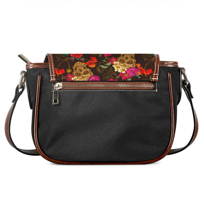 Vintage Flowers Skull Pattern Print Saddle Bag