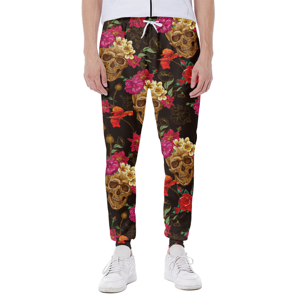 Vintage Flowers Skull Pattern Print Scuba Joggers
