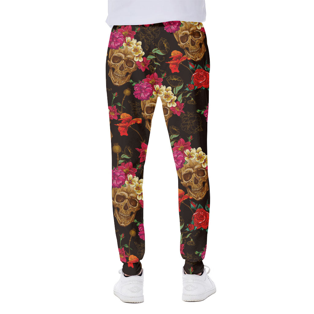 Vintage Flowers Skull Pattern Print Scuba Joggers