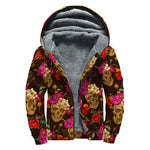 Vintage Flowers Skull Pattern Print Sherpa Lined Zip Up Hoodie