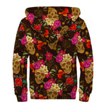 Vintage Flowers Skull Pattern Print Sherpa Lined Zip Up Hoodie