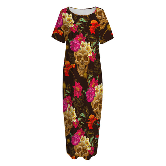 Vintage Flowers Skull Pattern Print Short Sleeve Long Nightdress
