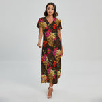Vintage Flowers Skull Pattern Print Short Sleeve Maxi Dress