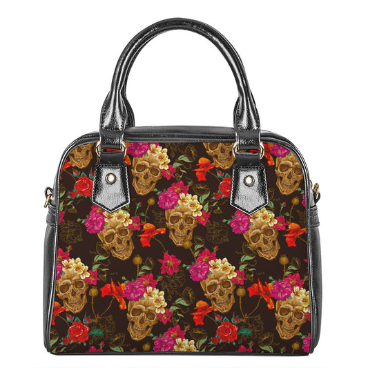 Vintage Flowers Skull Pattern Print Shoulder Handbag