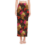 Vintage Flowers Skull Pattern Print Side Slit Maxi Skirt