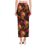Vintage Flowers Skull Pattern Print Side Slit Maxi Skirt