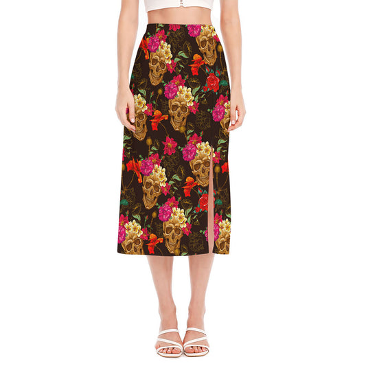 Vintage Flowers Skull Pattern Print Side Slit Midi Skirt