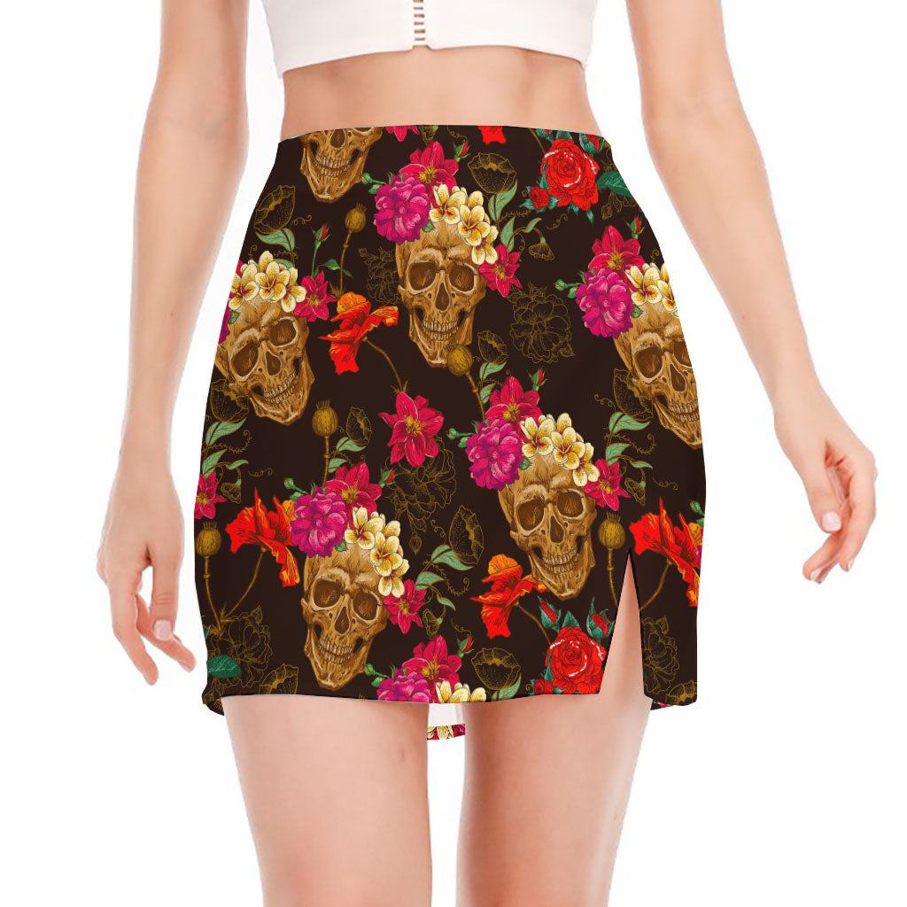 Vintage Flowers Skull Pattern Print Side Slit Mini Skirt