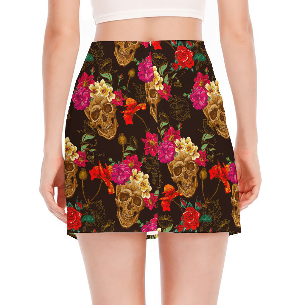 Vintage Flowers Skull Pattern Print Side Slit Mini Skirt