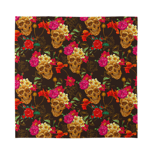 Vintage Flowers Skull Pattern Print Silk Bandana